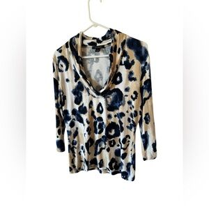 St. John Women's Cream Blue Leopard Print Drape Neck Blouse Size M